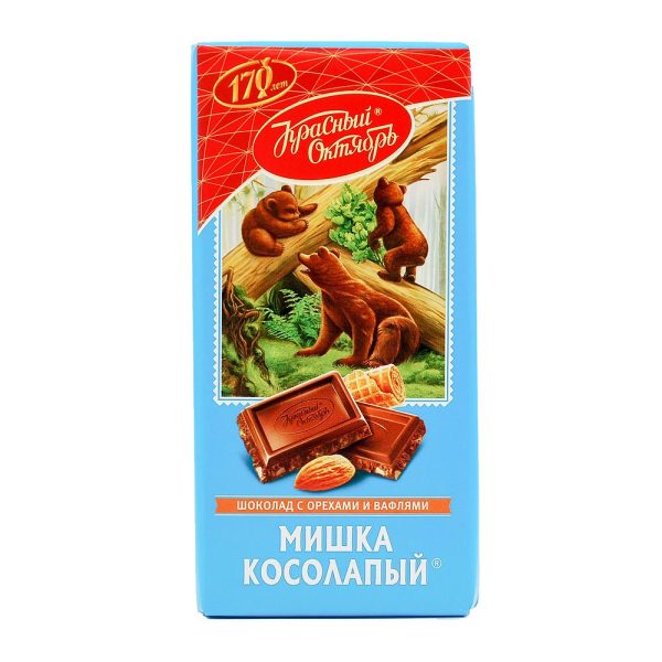 KRASNY OKTYABR, Chocolate bar " Mischka kosolapy " with almond and waffles, 75g (Best before 01/08/2025) - Image 1
